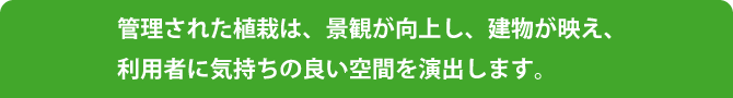 管理された植栽は、景観が向上し、建物が映え、利用者に気持ちの良い空間を演出します。