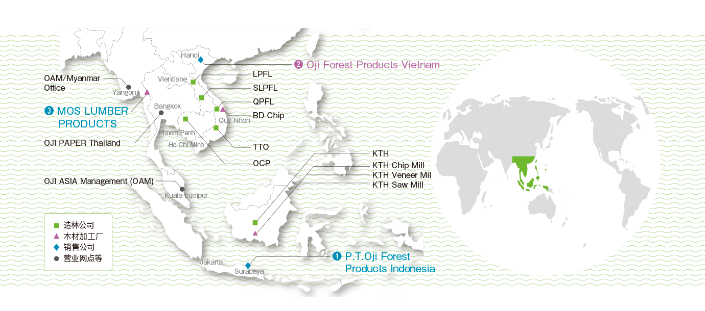 ❶ P.T.Oji Forest Products Indonesia　❷ OJI-VINAFOR PLYWOOD　❸ Oji Forest Products Vietnam　❹ MOS LUMBER PRODUCTS　OAM/Myanmar Office　LPFL　SLPFL　QPFL　BD Chip　TTO　OCP　OJI PAPER Thailand　OJI ASIA Management (OAM)　KTH　KTH Chip Mill　KTH Veneer Mil　KTH Saw Mill